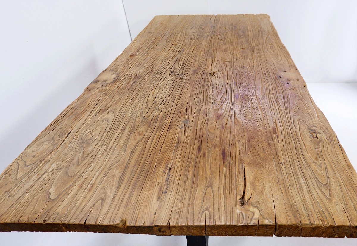 Grande table à manger "portes en bois"  (plateau) et pieds tréteaux en bois noir -photo-4