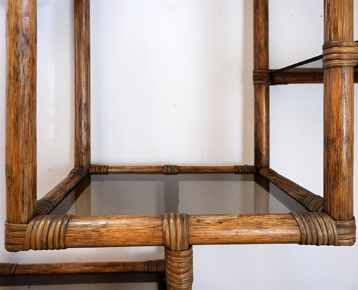 Étagère asymétrique en bambou et verre fumé - Années 1970-photo-4