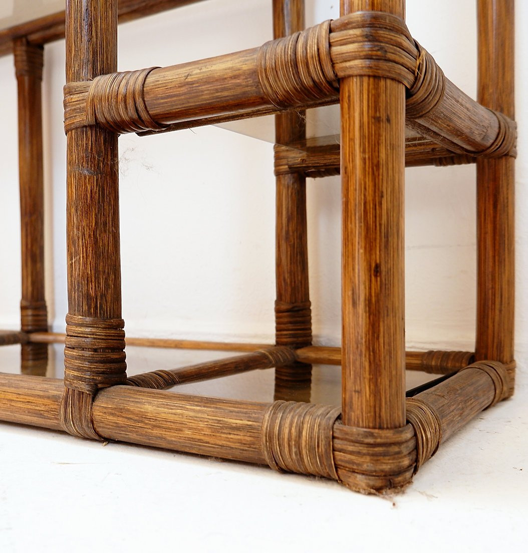 Étagère asymétrique en bambou et verre fumé - Années 1970-photo-6