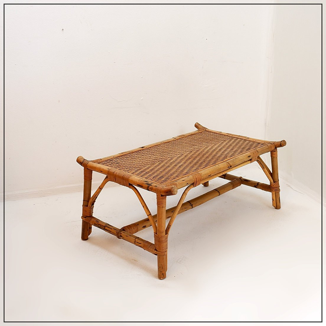 Rectangular Bamboo And Rattan Coffee Table - 1960s-photo-8