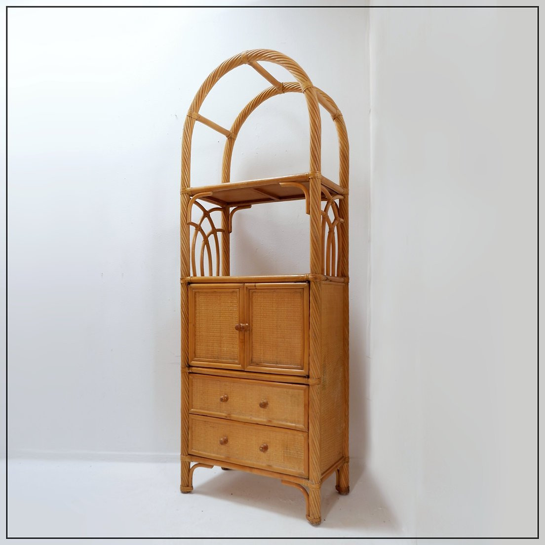 Bibliothèque vintage en bambou avec tiroirs, années 1980-photo-3