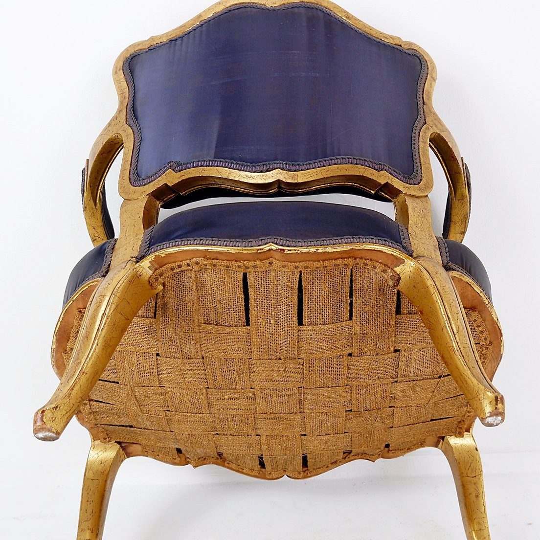 Louis XV Style Armchair With Original Navy Blue Silk Upholstery-photo-1