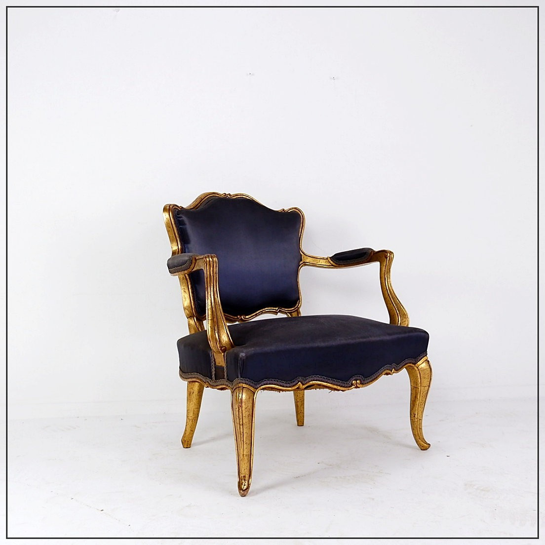Louis XV Style Armchair With Original Navy Blue Silk Upholstery