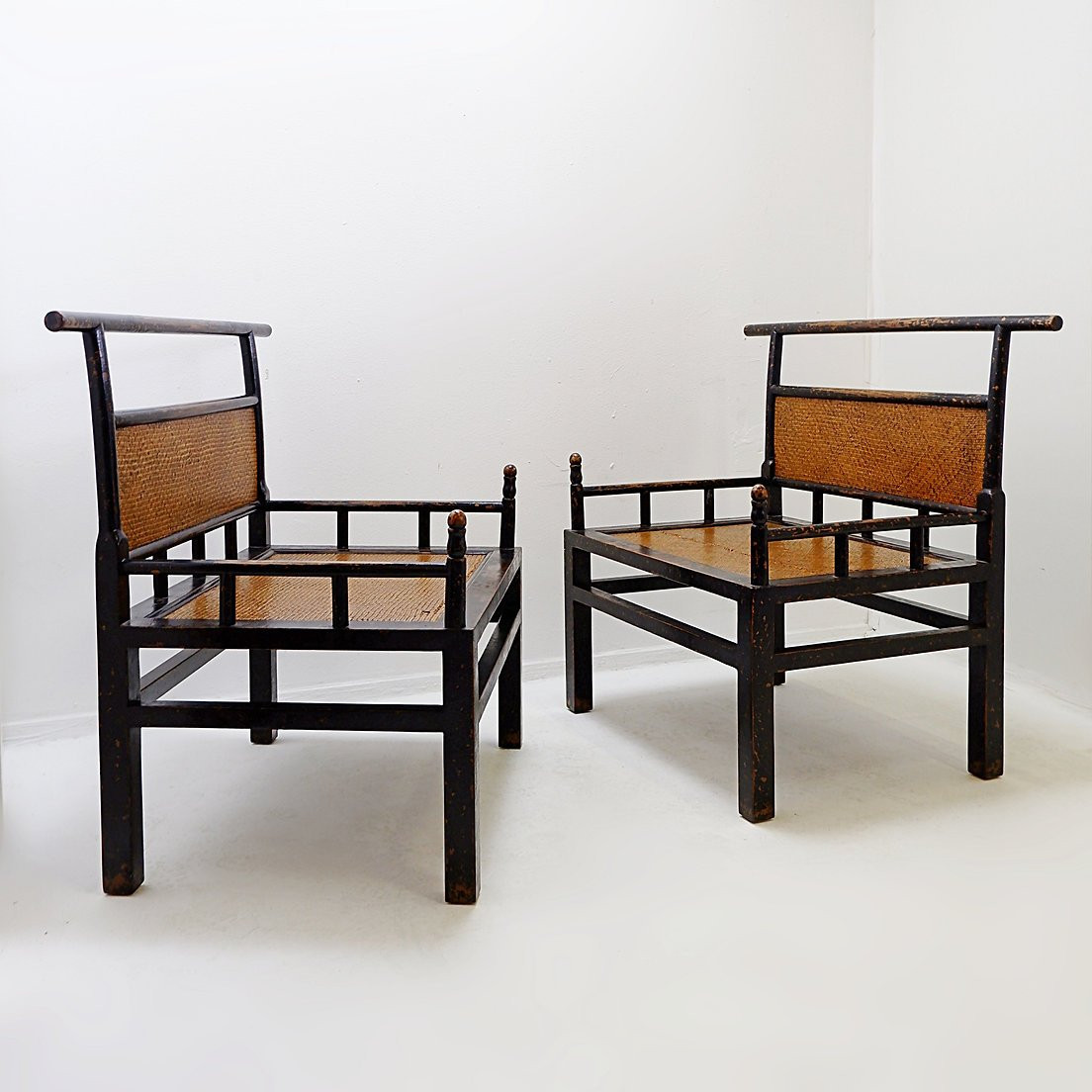 Paire de chaises de méditation en bois laqué et rotin - Japon, début du XXe siècle-photo-4
