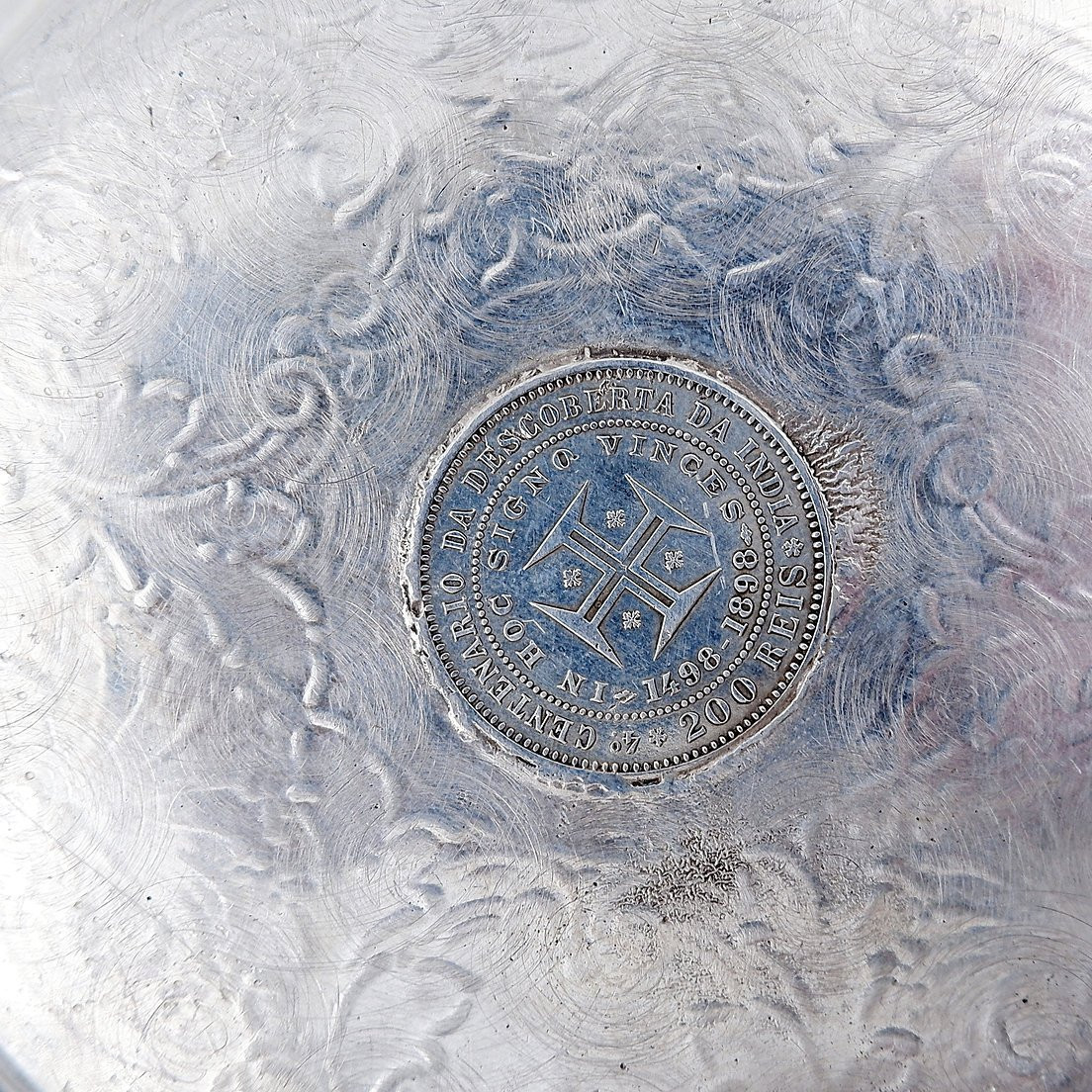 Assiette ancienne en argent décorée et incrustée de 4 pièces portugaises Ø 19 cm-photo-6