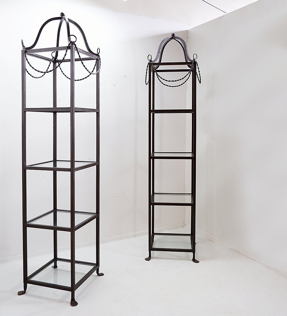 Pair Of Vintage Pagoda-style Shelves In Black Metal-photo-3