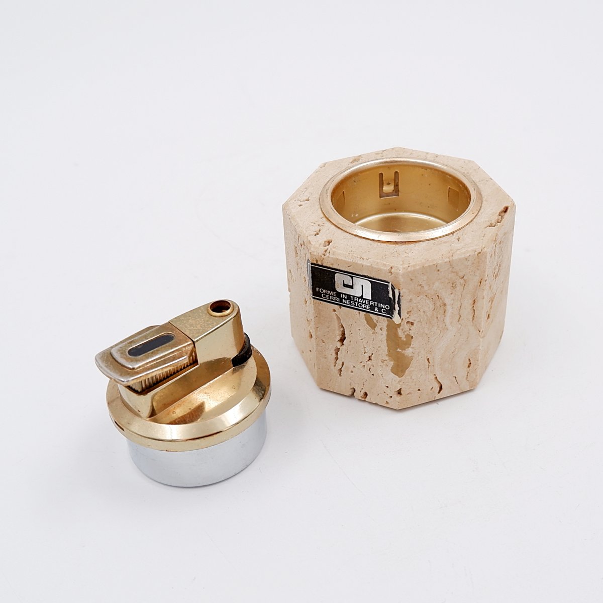 Briquet de table octogonal vintage Cerri Nestore en travertin - Italie, années 1970-photo-6