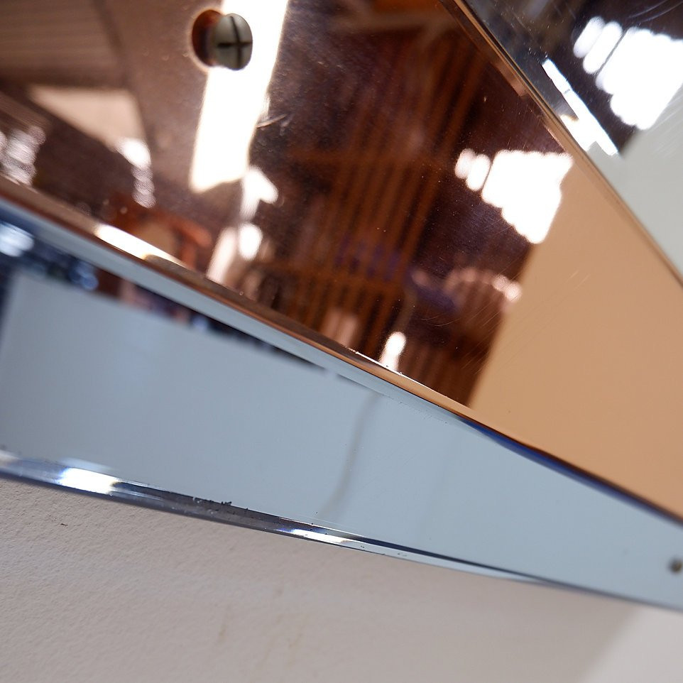 Miroir mural biseauté à panneaux de miroir bleus et cuivrés - Italie, années 1930-photo-3