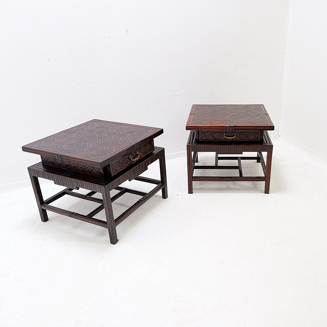 Pair Of Vintage Pagoda-style Side Tables, Imitation Bamboo Chevron Pattern - Maitland & Clasco-photo-2