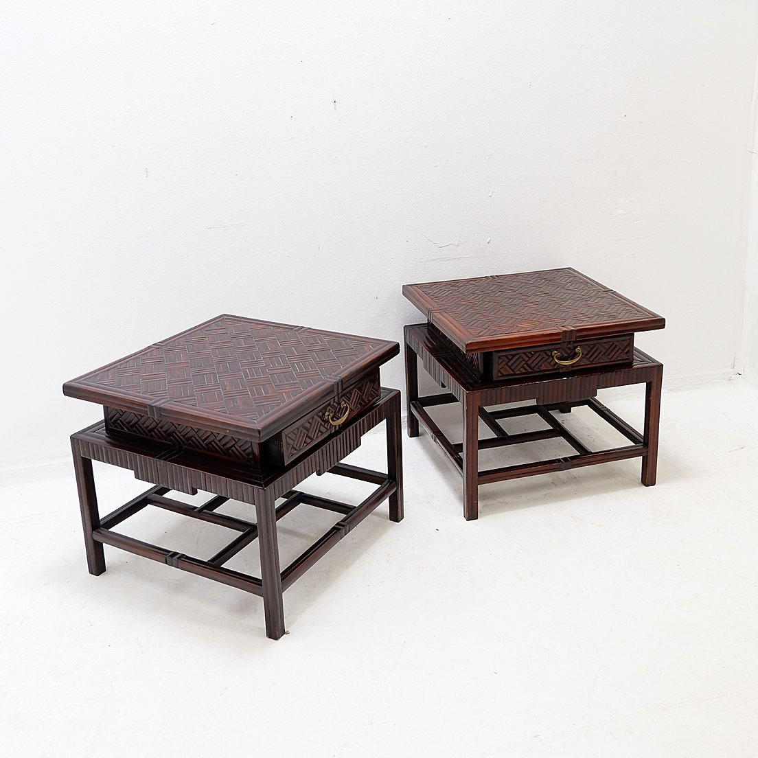 Pair Of Vintage Pagoda-style Side Tables, Imitation Bamboo Chevron Pattern - Maitland & Clasco-photo-3