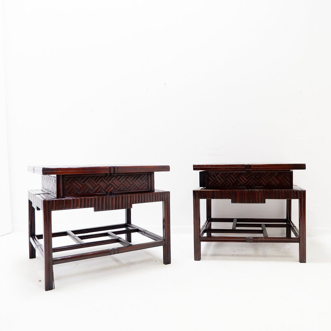 Pair Of Vintage Pagoda-style Side Tables, Imitation Bamboo Chevron Pattern - Maitland & Clasco-photo-4