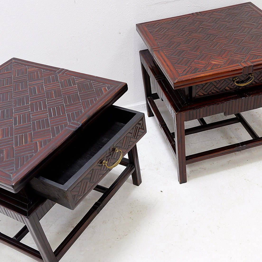 Pair Of Vintage Pagoda-style Side Tables, Imitation Bamboo Chevron Pattern - Maitland & Clasco-photo-2
