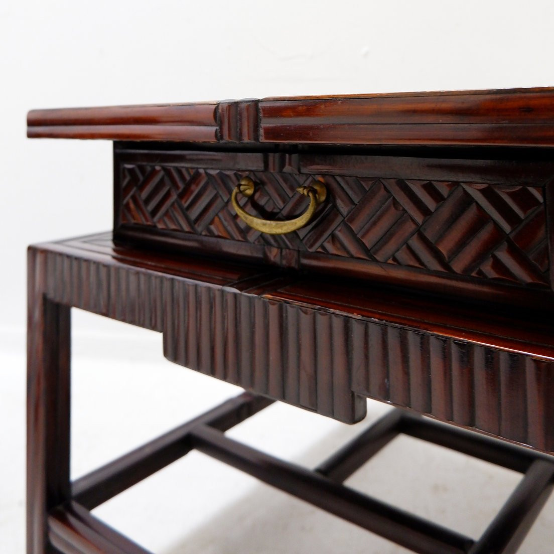 Pair Of Vintage Pagoda-style Side Tables, Imitation Bamboo Chevron Pattern - Maitland & Clasco-photo-5