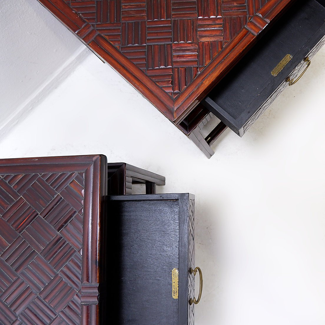 Pair Of Vintage Pagoda-style Side Tables, Imitation Bamboo Chevron Pattern - Maitland & Clasco-photo-6