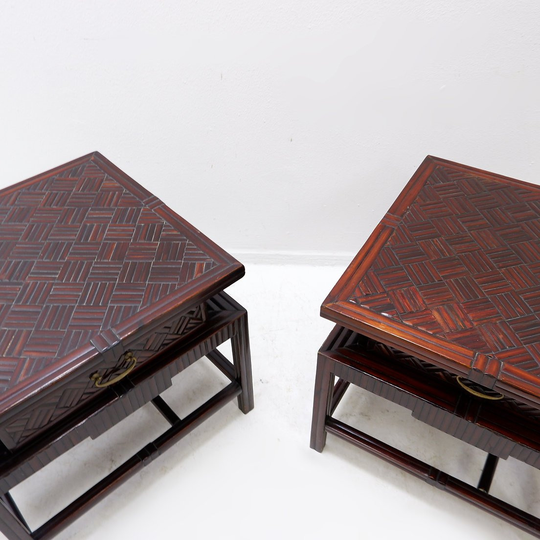 Pair Of Vintage Pagoda-style Side Tables, Imitation Bamboo Chevron Pattern - Maitland & Clasco-photo-7