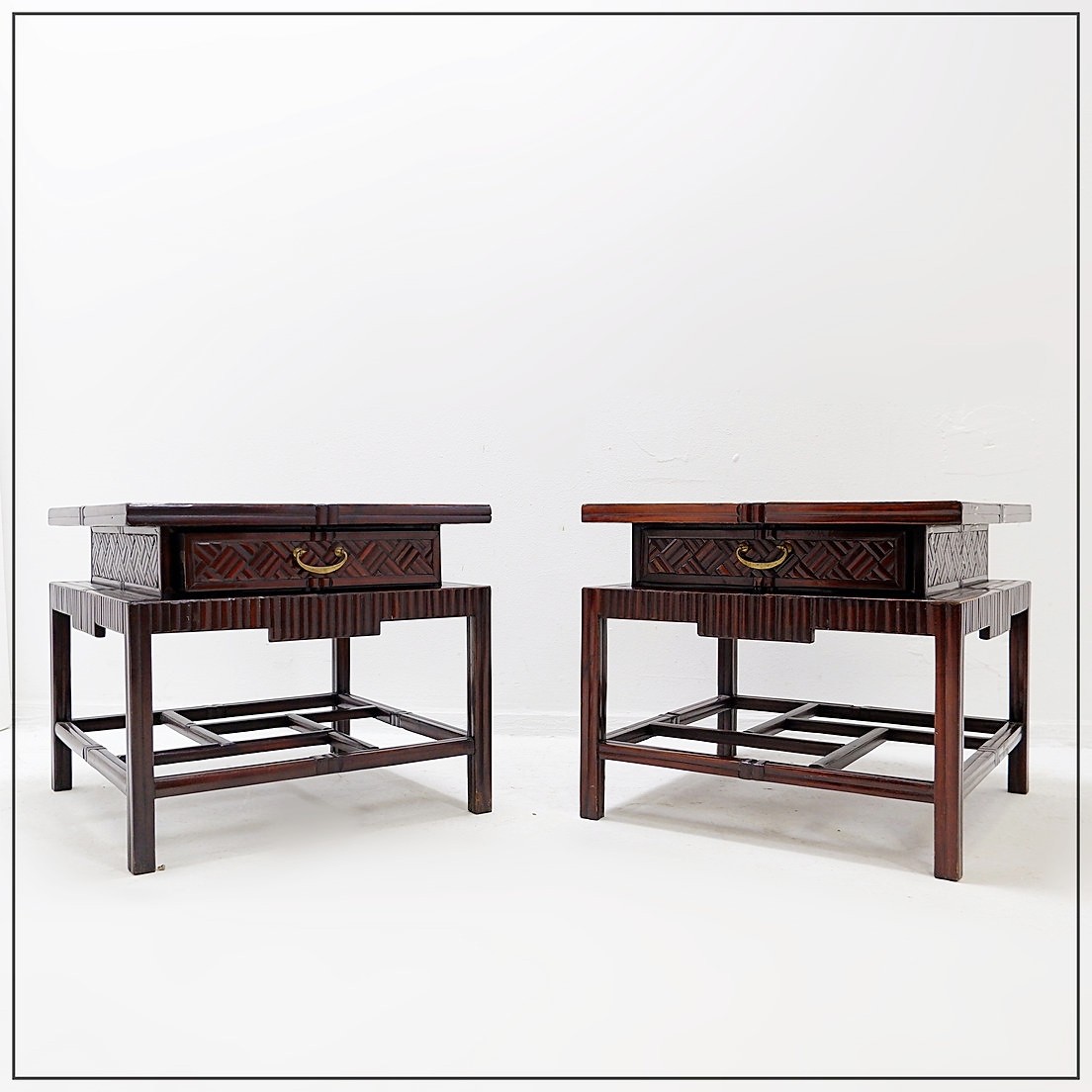 Pair Of Vintage Pagoda-style Side Tables, Imitation Bamboo Chevron Pattern - Maitland & Clasco