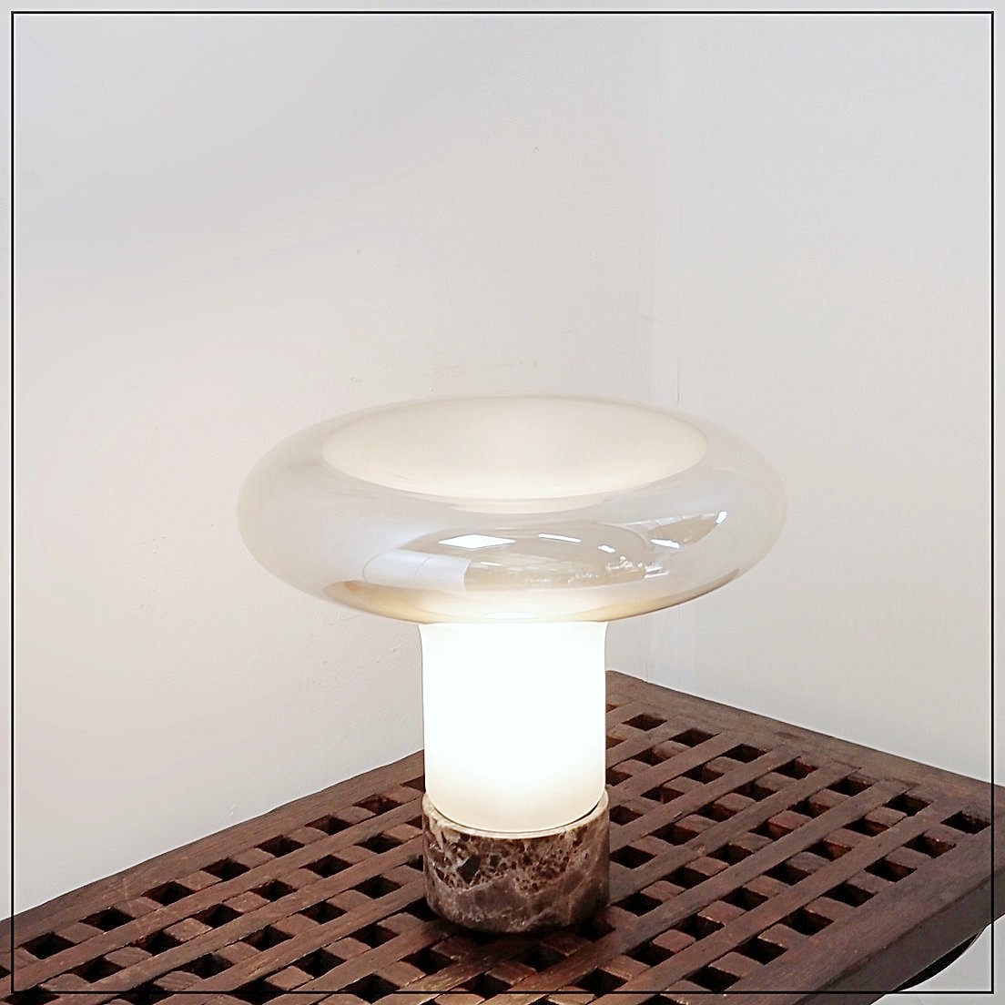 "mushroom" Table Lamp With Marble Base And Opal Glass Shade.