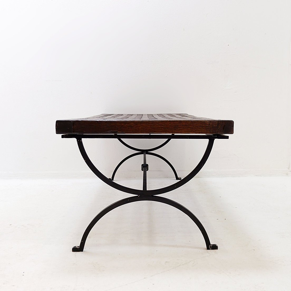  Coffee Table In Solid Wood With Openwork Design And Wrought Iron Legs -photo-4