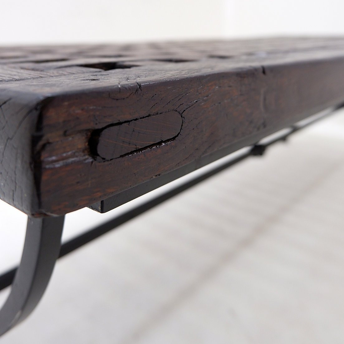  Coffee Table In Solid Wood With Openwork Design And Wrought Iron Legs -photo-1