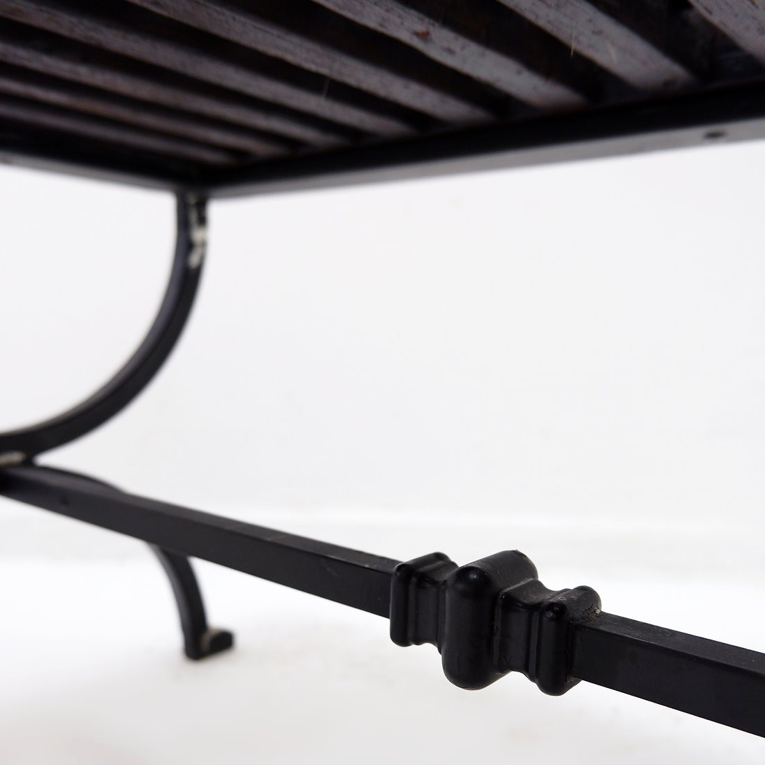 Set Of 2 Solid Wood Benches With An Openwork Design And Wrought Iron Legs-photo-4