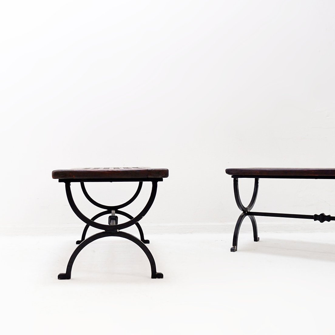 Set Of 2 Solid Wood Benches With An Openwork Design And Wrought Iron Legs-photo-5