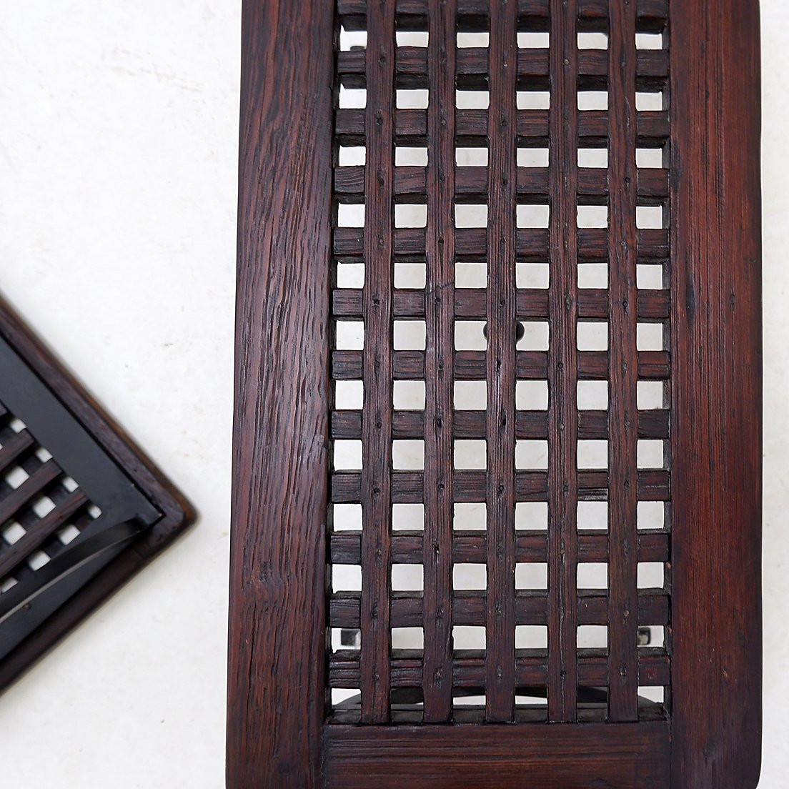 Set Of 2 Solid Wood Benches With An Openwork Design And Wrought Iron Legs-photo-6