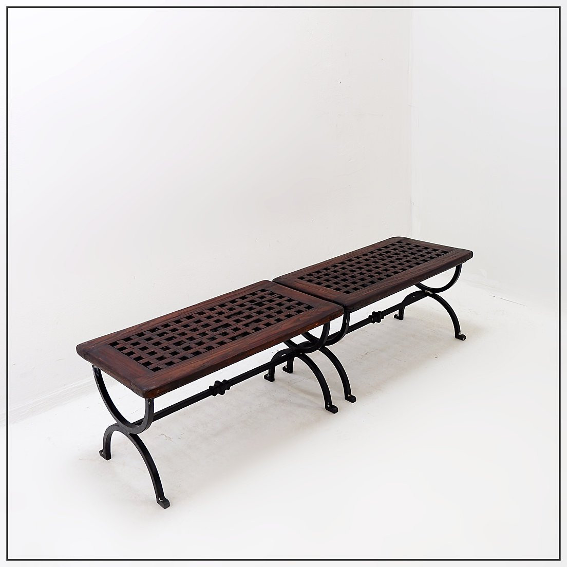 Set Of 2 Solid Wood Benches With An Openwork Design And Wrought Iron Legs-photo-7