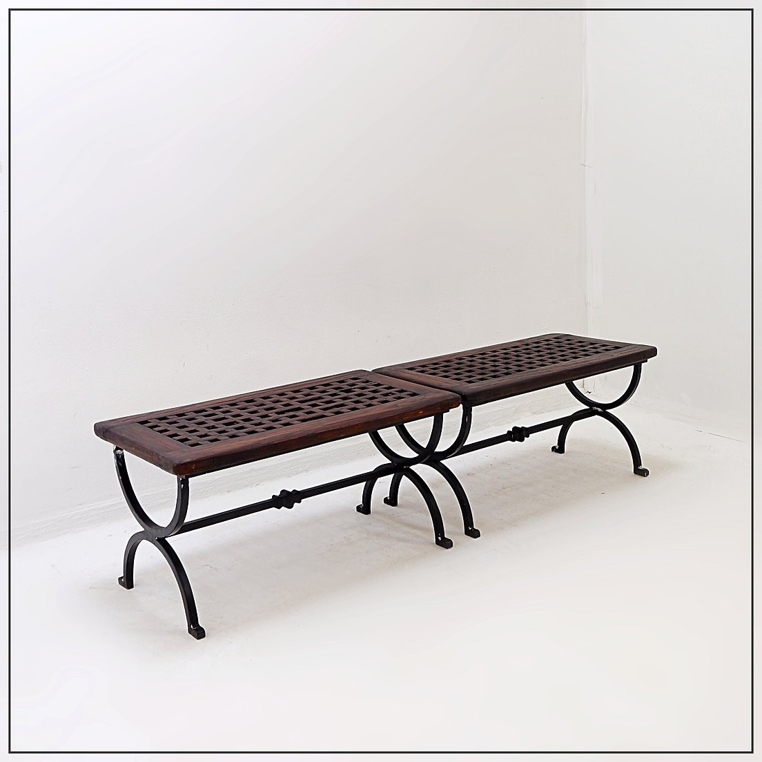 Set Of 2 Solid Wood Benches With An Openwork Design And Wrought Iron Legs