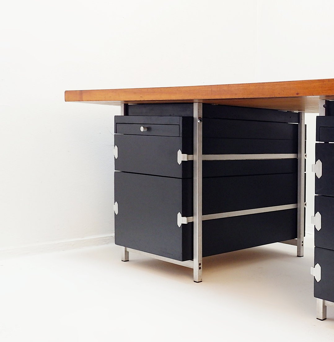 Bureau composé de 2 caissons Bergwood et d'un plateau Boomerang en placage bois - Années 1970-photo-2