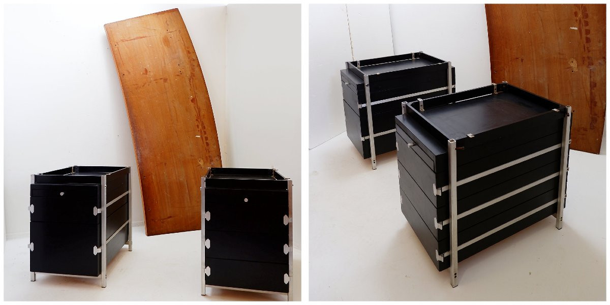 Bureau composé de 2 caissons Bergwood et d'un plateau Boomerang en placage bois - Années 1970-photo-2