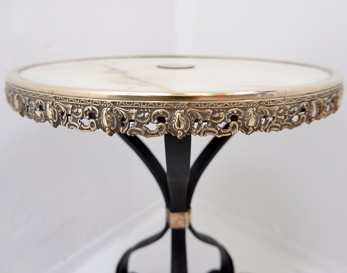 Wrought-iron Tripod Side Table With Brass And Alabaster Top - 1950s-photo-5
