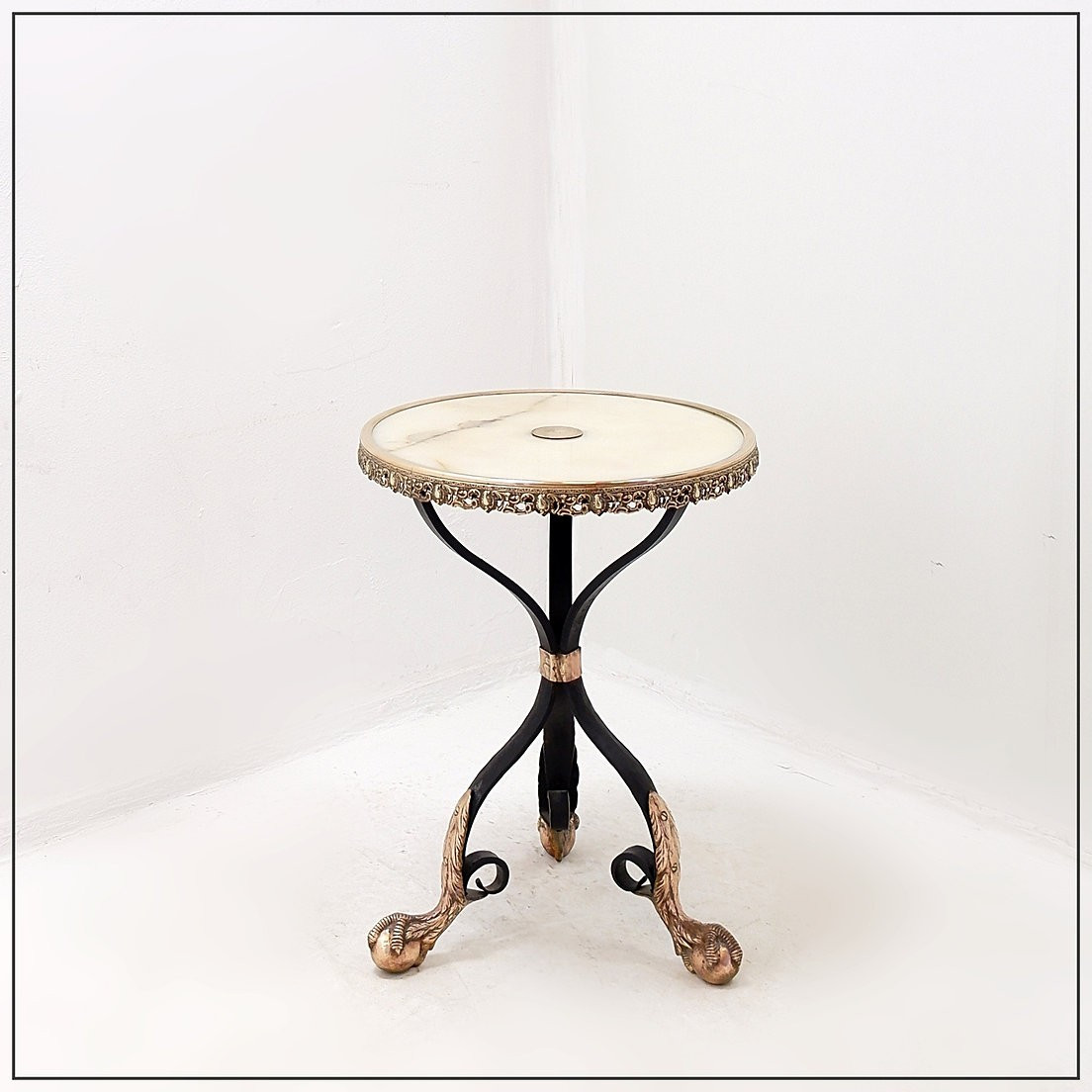 Wrought-iron Tripod Side Table With Brass And Alabaster Top - 1950s