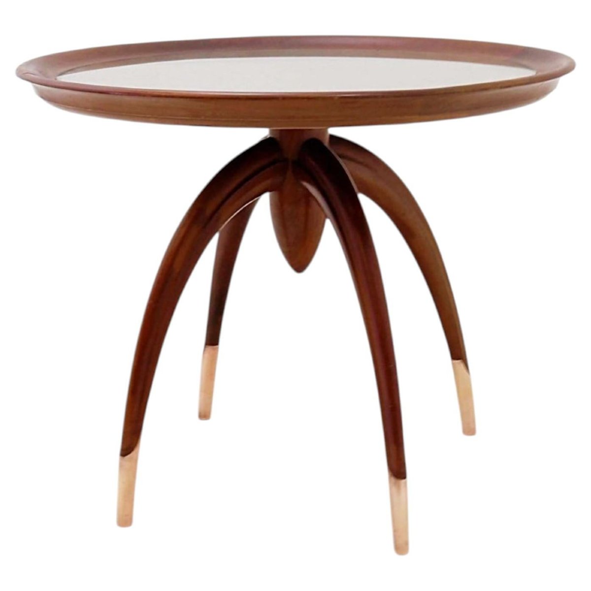 Table d'appoint ronde Art Déco en bois avec pieds incurvés et pieds en laiton