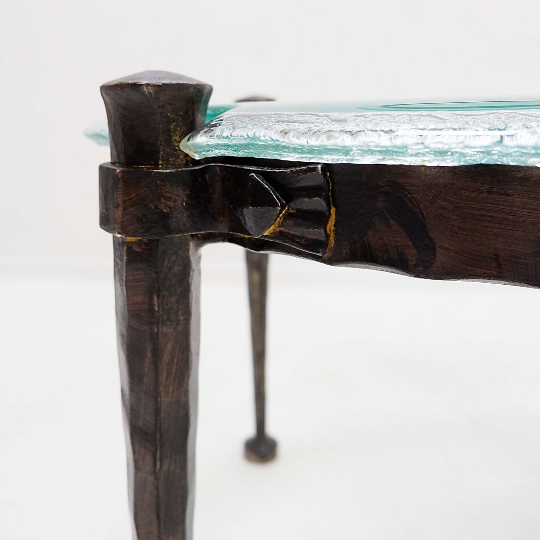 Table d'appoint ronde en fer forgé avec verre aigue-marine - Style Lothar Klute - Années 1980-photo-8