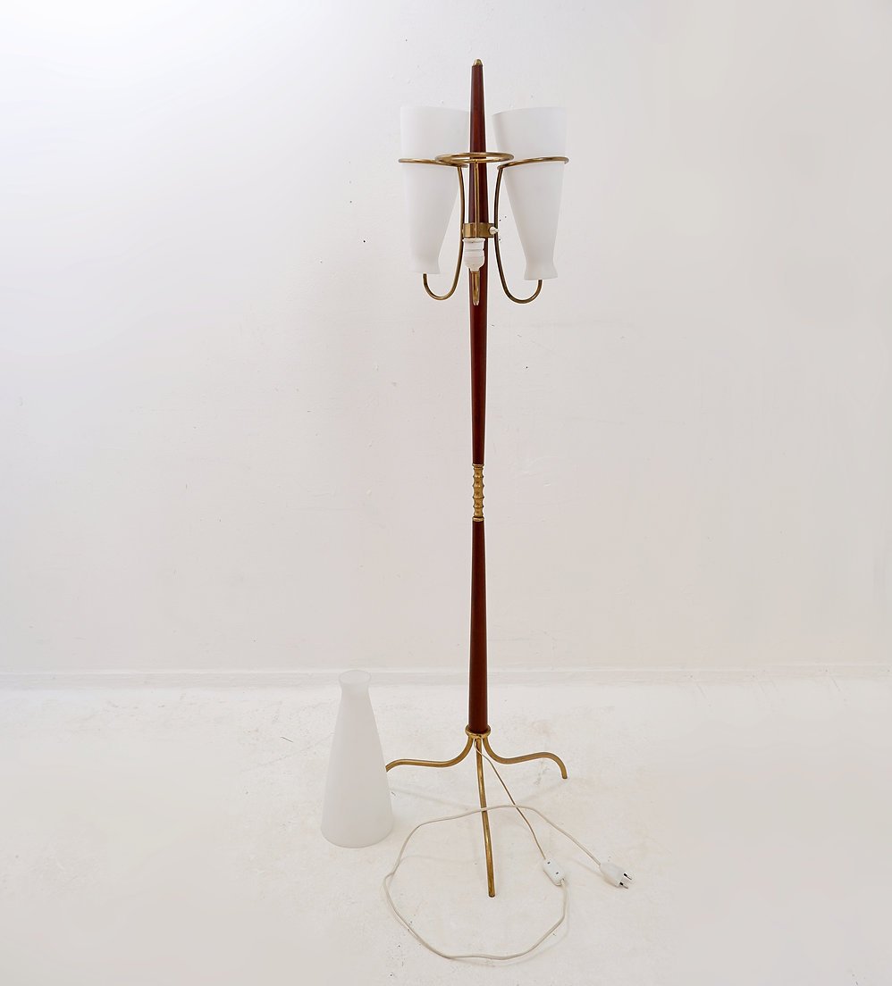 Lampadaire tripode à trois bras et verre opalin, attribué à Stilnovo – Années 1950-photo-2