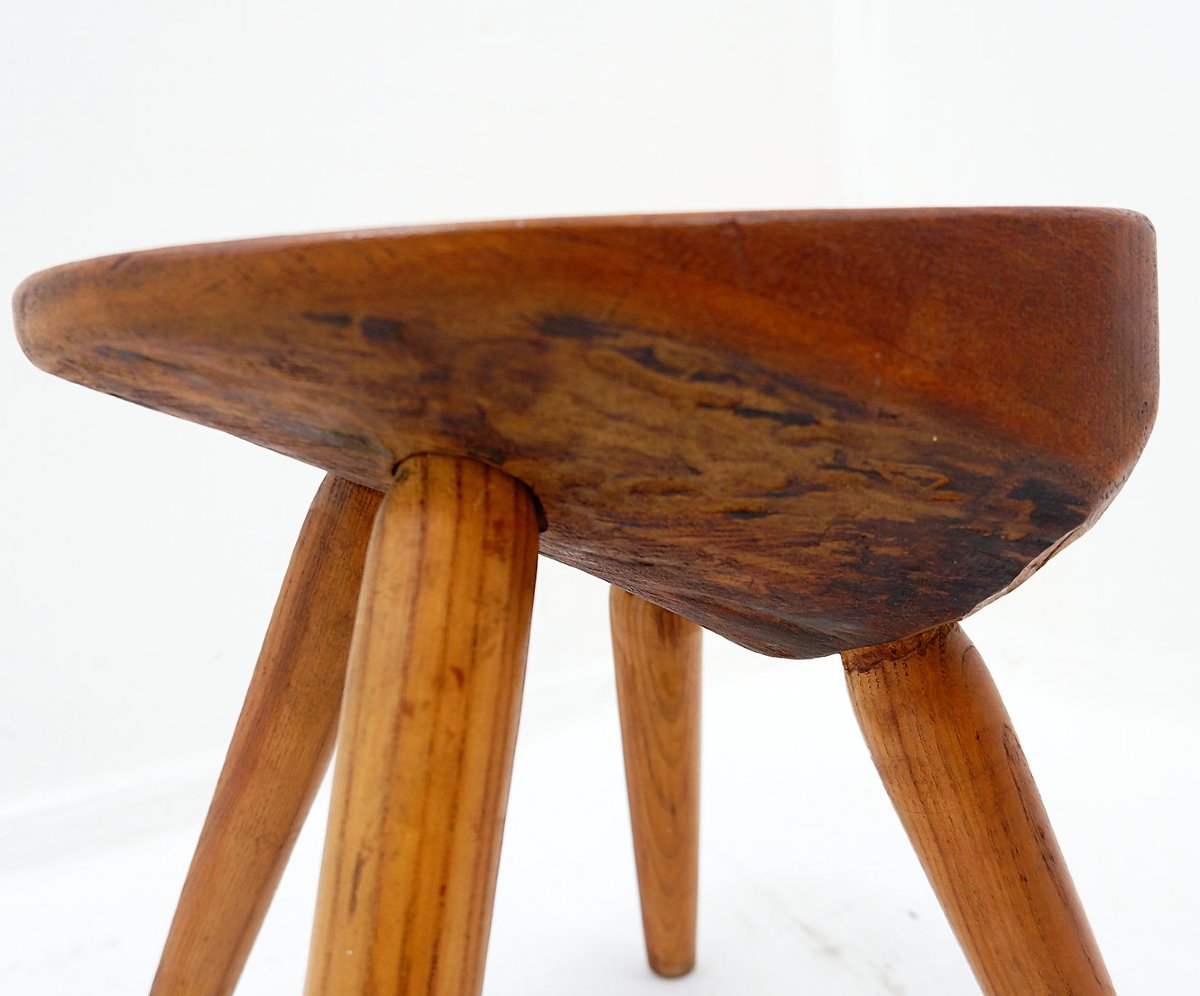Tabouret vintage sculpté aux formes organiques – Bois massif, années 1960-photo-1
