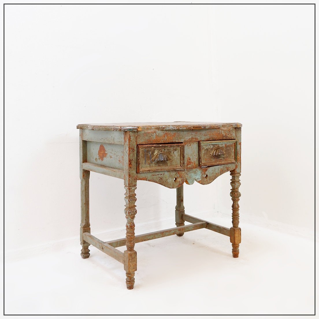 Side Table Made Of Weathered Wood With Two Drawers – 20th Century