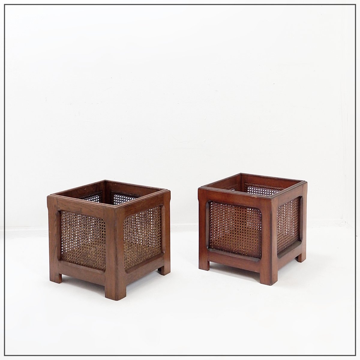 Pair Of Vintage Planters Made Of Wood And Woven Rattan Panels—1970s-photo-2