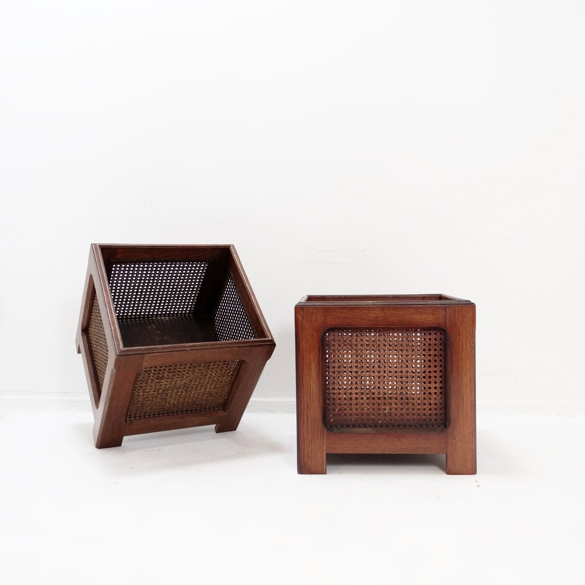 Pair Of Vintage Planters Made Of Wood And Woven Rattan Panels—1970s-photo-4