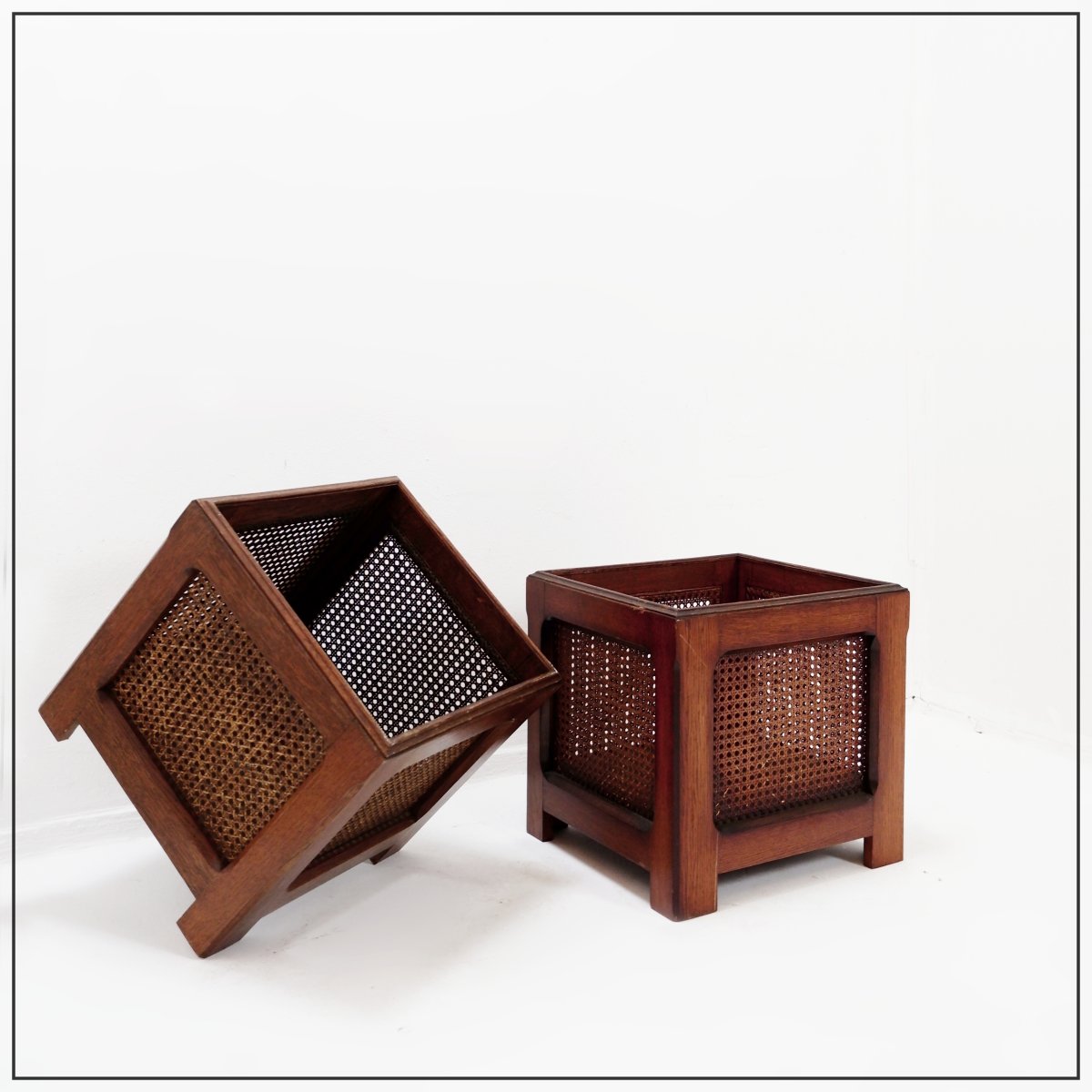 Pair Of Vintage Planters Made Of Wood And Woven Rattan Panels—1970s
