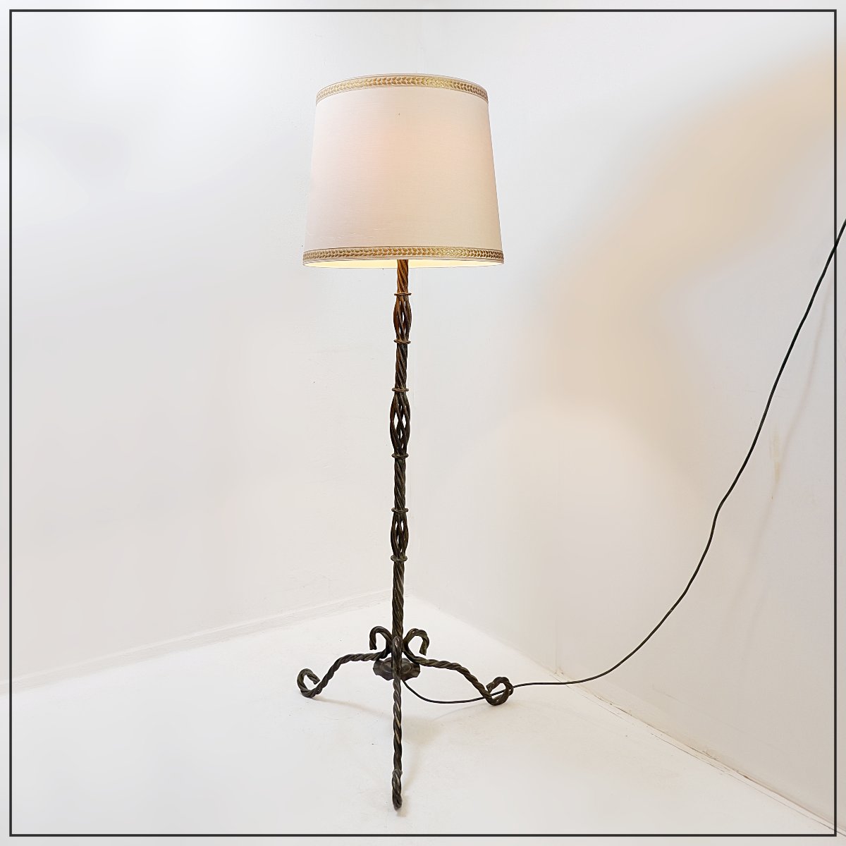 Vintage Twisted Wrought-iron Floor Lamp In A Rustic Brutalist Style—1950s