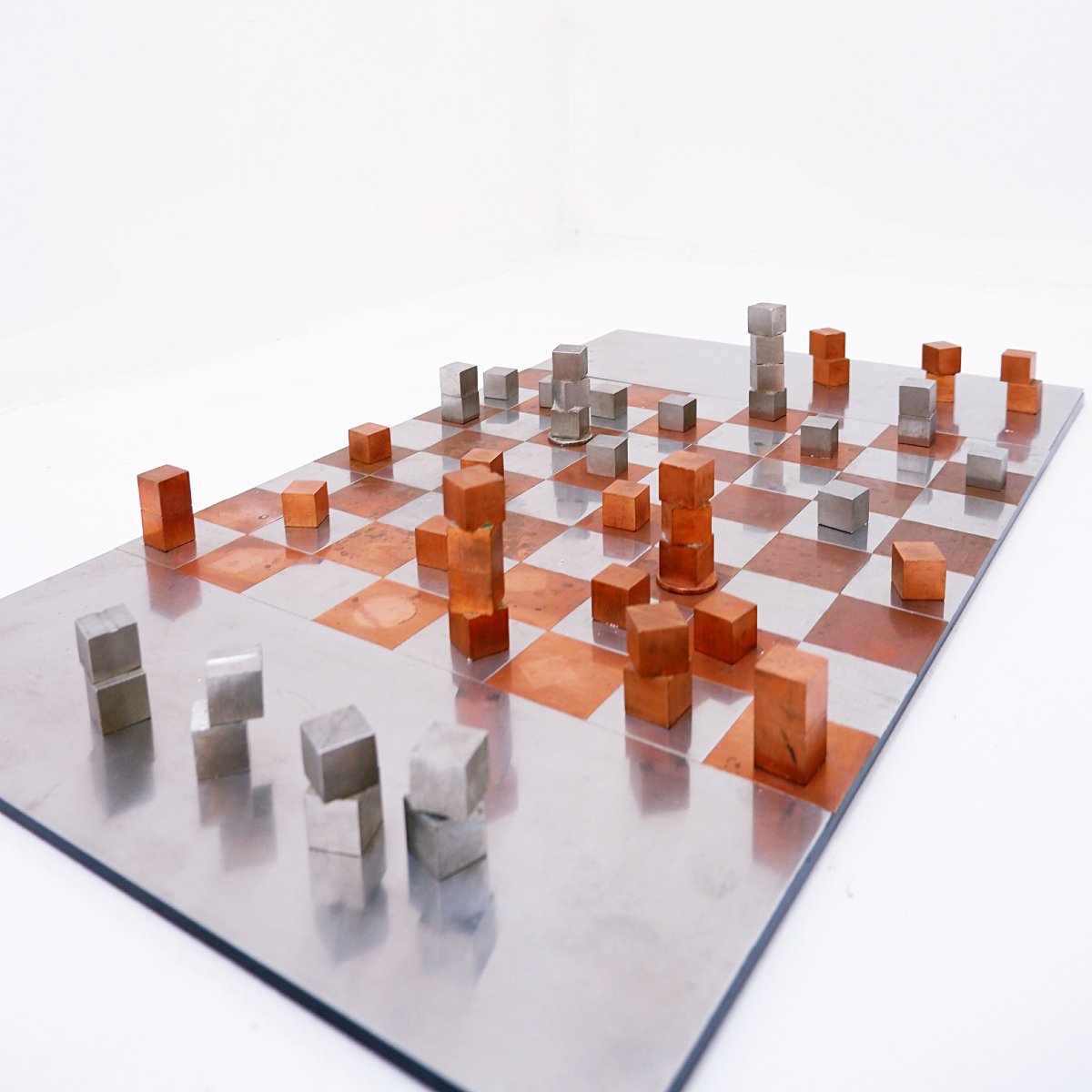 Jeu d'échecs vintage moderniste en chrome et cuivre - Circa 1980-photo-4