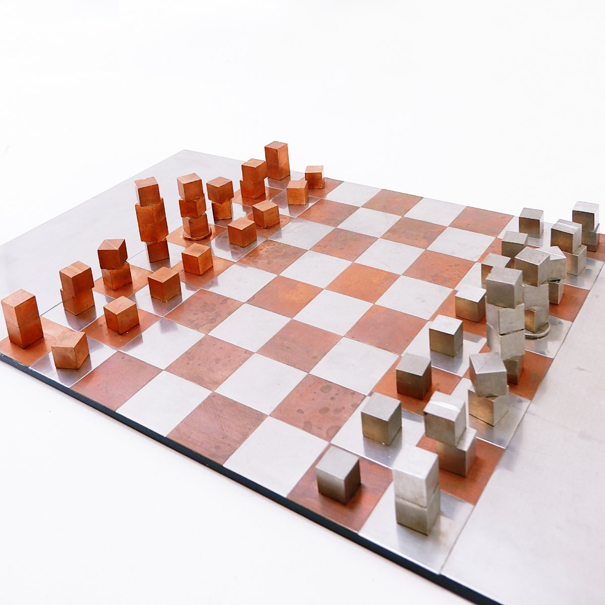 Jeu d'échecs vintage moderniste en chrome et cuivre - Circa 1980-photo-1