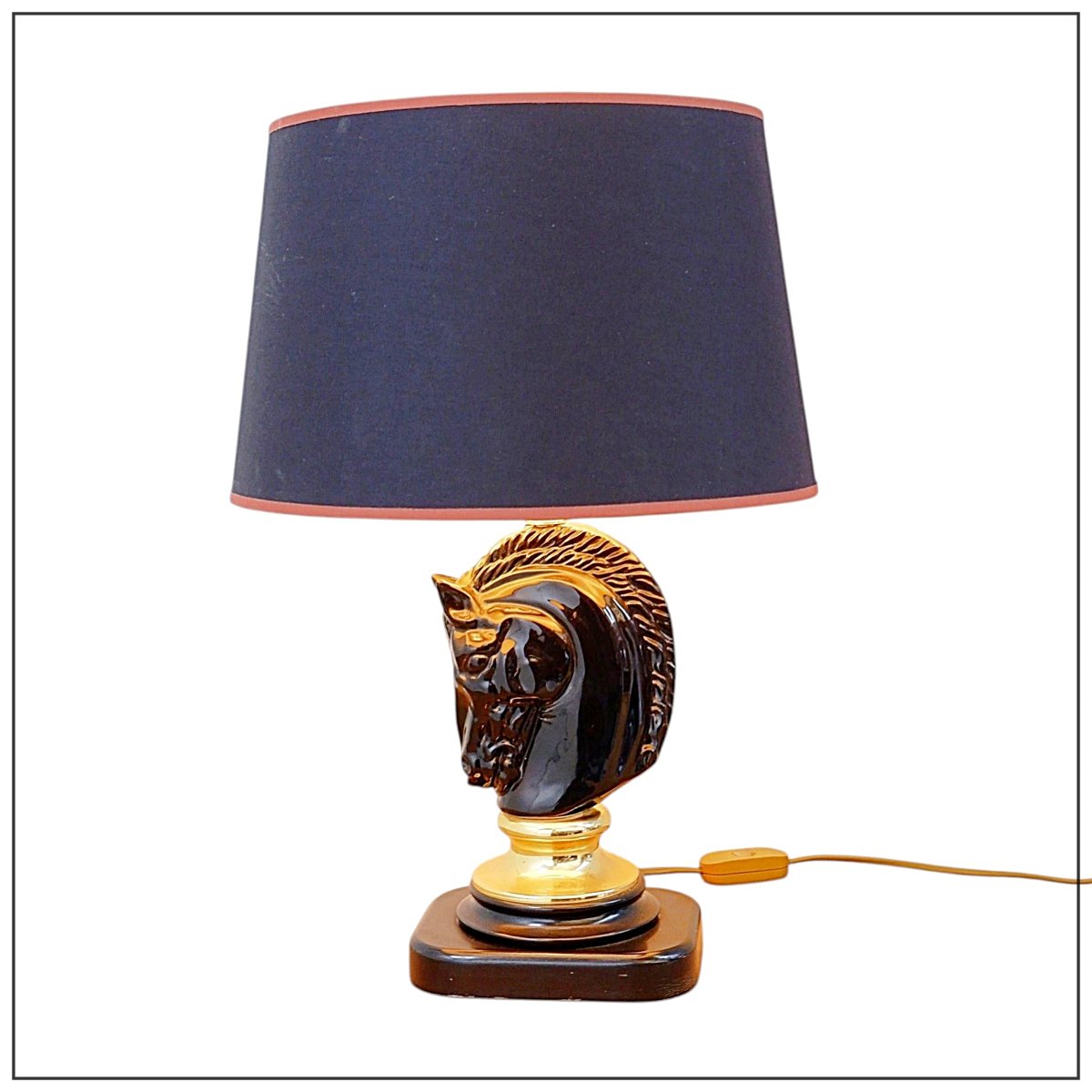 Vintage Black Ceramic Table Lamp Shaped Like A Horse's Head – 1980s
