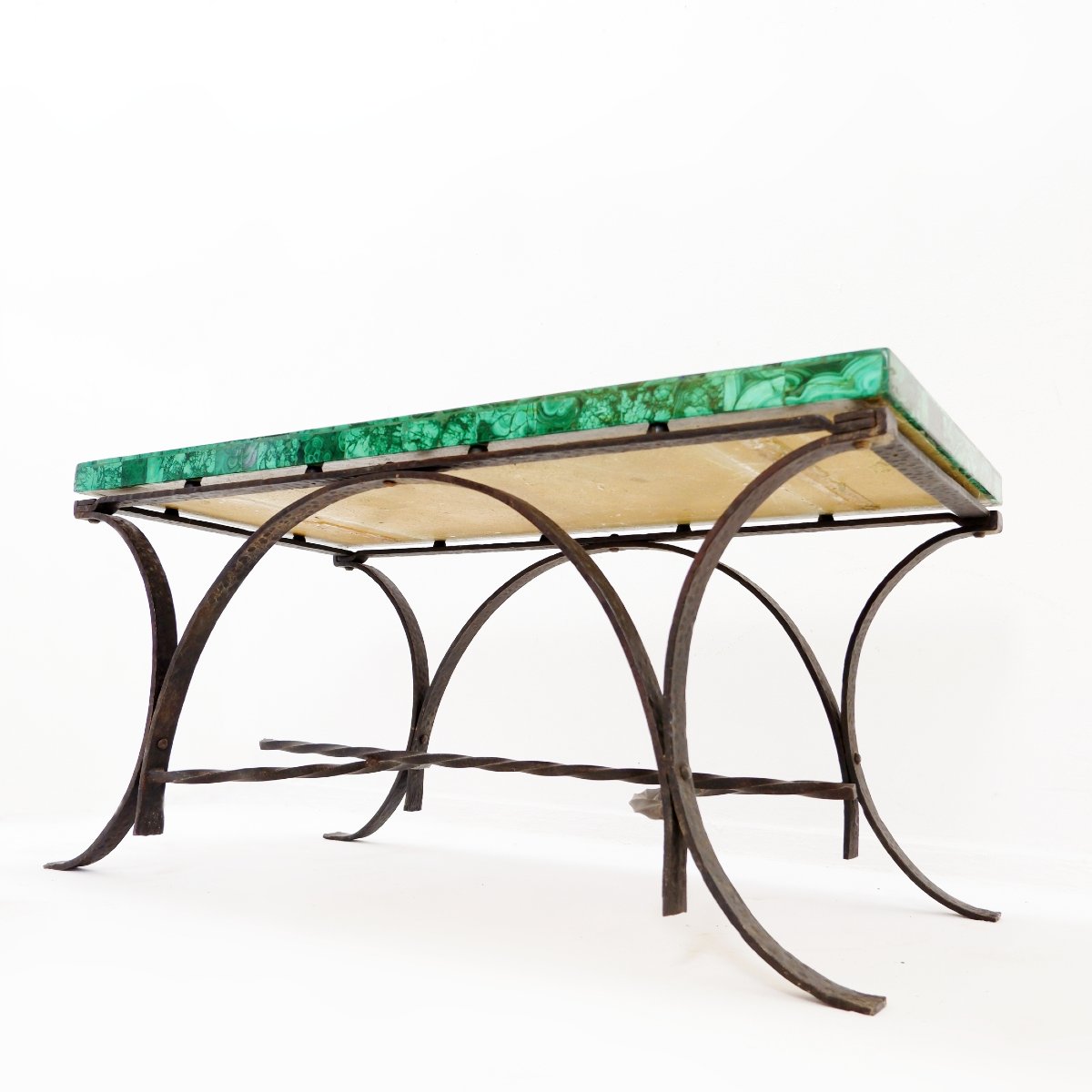 Table basse rectangulaire en malachite avec un piètement en fer forgé - années 1950/60-photo-1