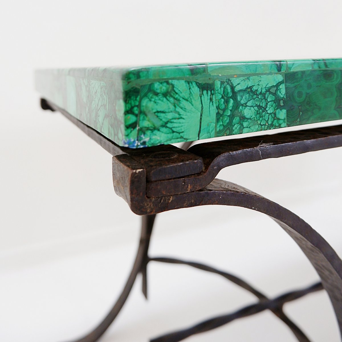 Table basse rectangulaire en malachite avec un piètement en fer forgé - années 1950/60-photo-5