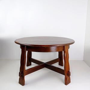 Table De Salle à Manger Ronde à Rallonges Style Brutaliste En Chêne Massif, Années 1950