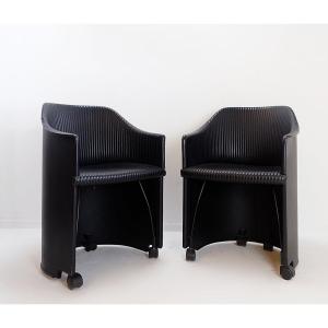 Pair Of Artona Armchairs In Black Leather By Afra And Tobia Scarpa For Maxalto