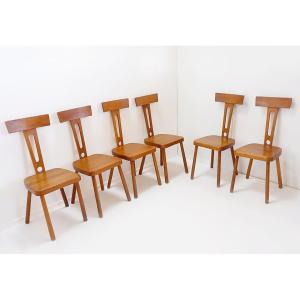 Set Of 6 Wooden T-back Dining Chairs - 1960s
