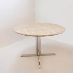 Table de salle à manger ronde en travertin avec piètement chromé, années 1970 - Ø 120 cm
